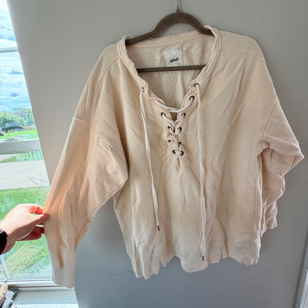 Aerie Lace Up Sweatshirt Womens Medium Cream Distressed Oversized Minimalist